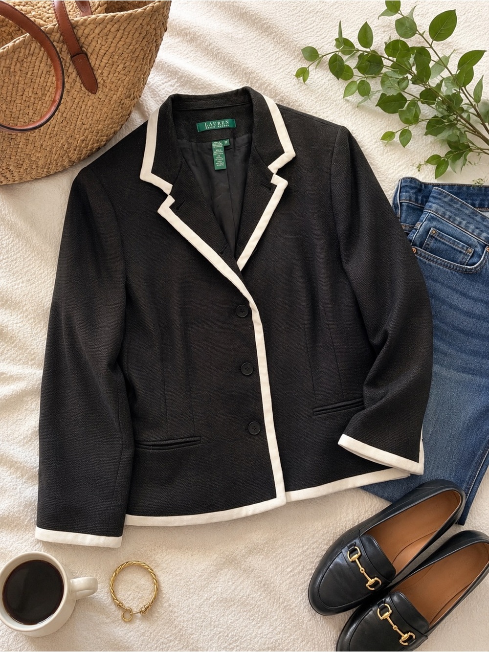 Lauren Ralph Lauren Linen Blazer Women’s Size 12 Black Brown Contrast Trim